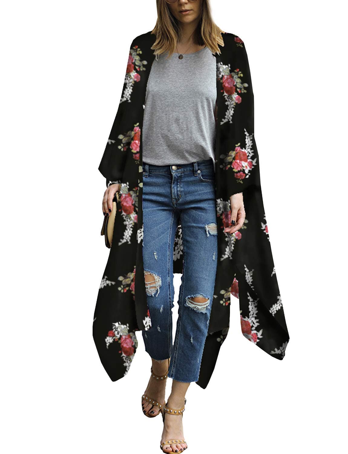 MayBuy Long Kimonos for Women Boho Style Open Front Beach Cover-Ups Chiffon Jacket Resort Wear Beach Wear Cover Up (Black, L)