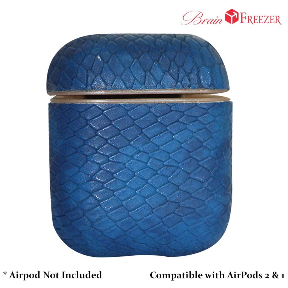 Brain Freezer PU Leather Snake Skin Design Protective Case Cover Earphon Compatible with AirPods 2 & 1 Blue (airpod Not Included)