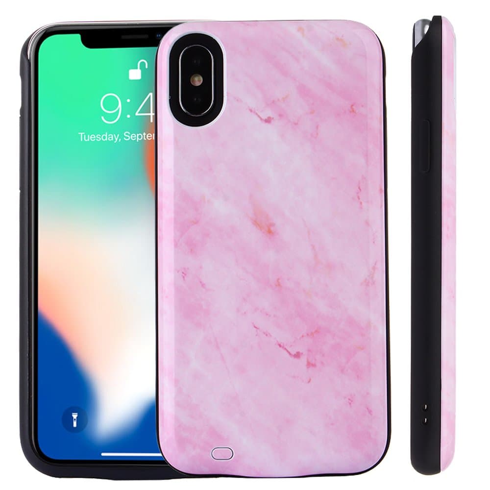 TechVibe iPhone X Battery Case, Marble Series - 6000mAh Ultra Slim Extended Battery Backup Charging Case Charger Pack Power Bank - Pink