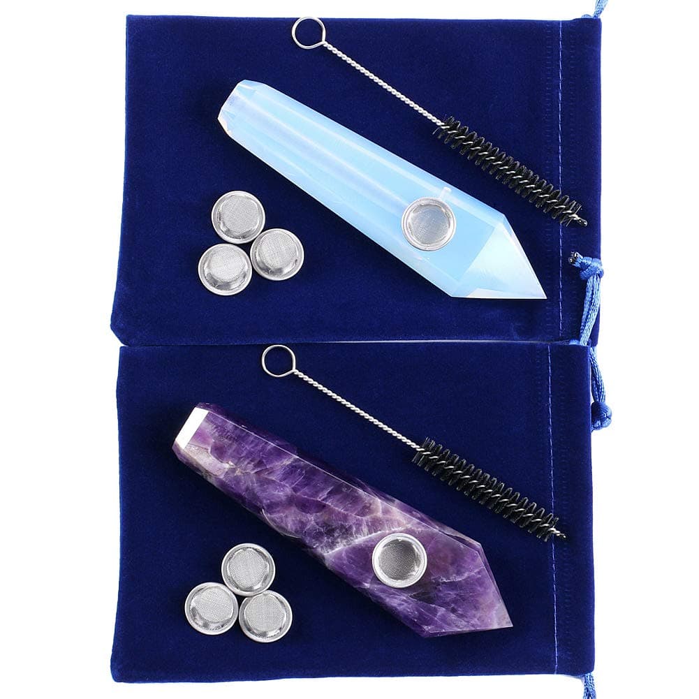 Natural | Dream Amethyst and Opal | Crystal Pipes (2PC), Every Pipe with 3 Screens and 1 Brush, Crystal Smoking Pipes About 4-4.5 Inches