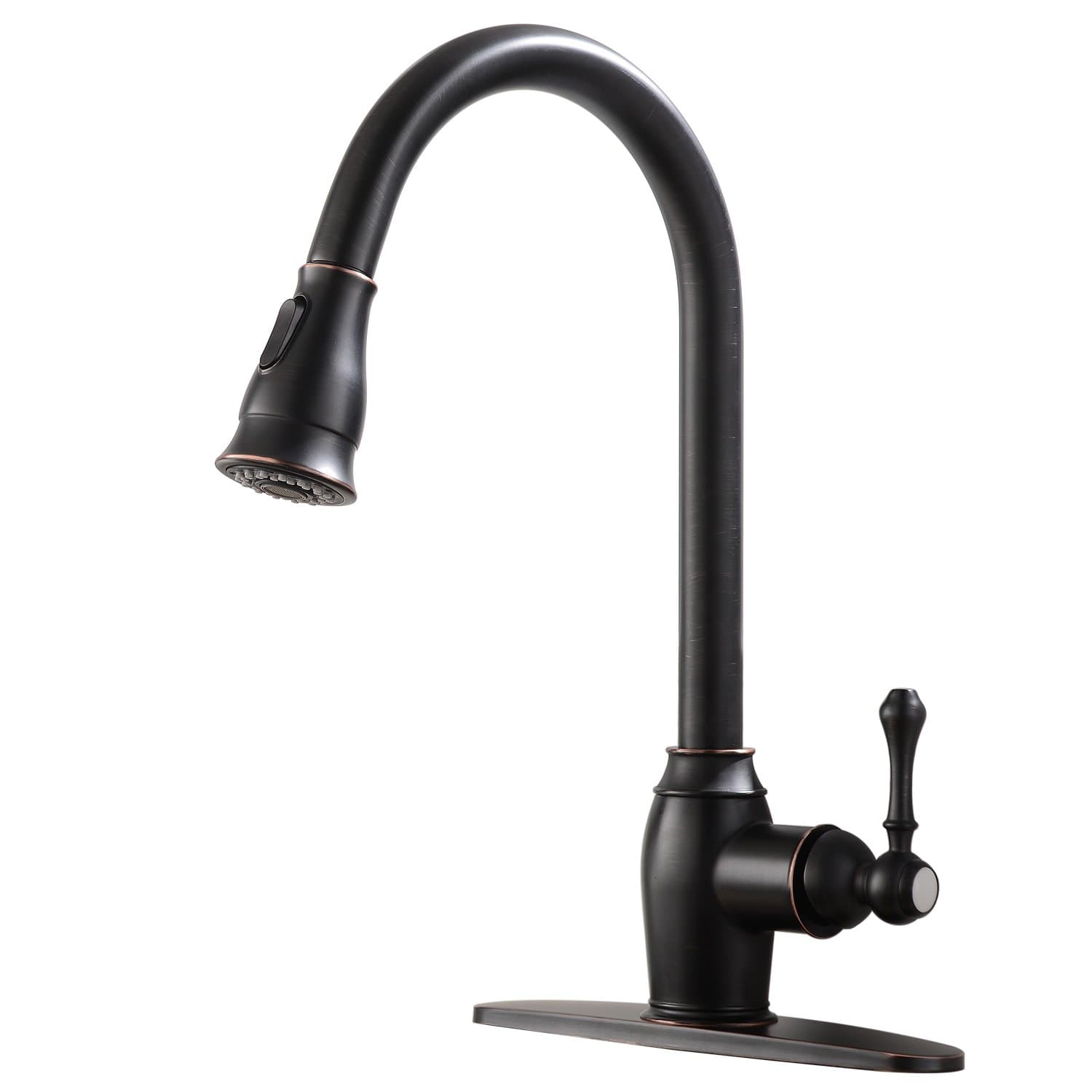 Ufaucet Antique Lead-Free Solid Brass 1 or 3 Hole Single Handle Prep Pull Out Sprayer Oil Rubbed Bronze Kitchen Faucet, Kitchen Sink Faucet with Deck Plate