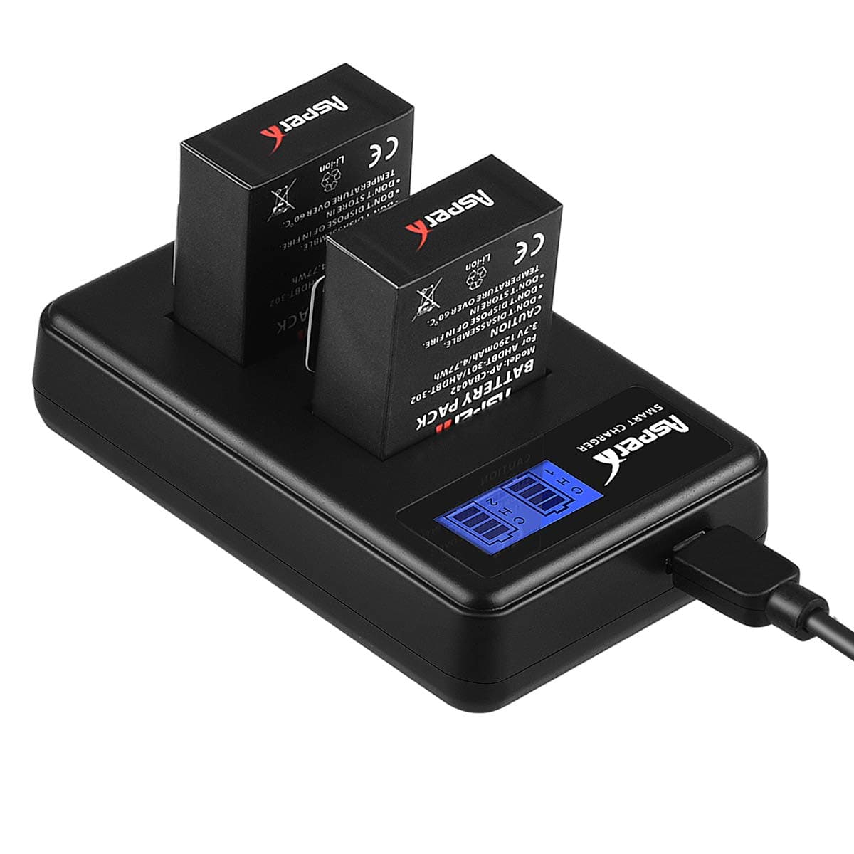 AHDBT-302 Asperx Replacement Battery (2-Pack) and Rapid Dual Charger for Gopro Hero 3, Gopro Hero 3+, AHDBT-301, AHDBT-302