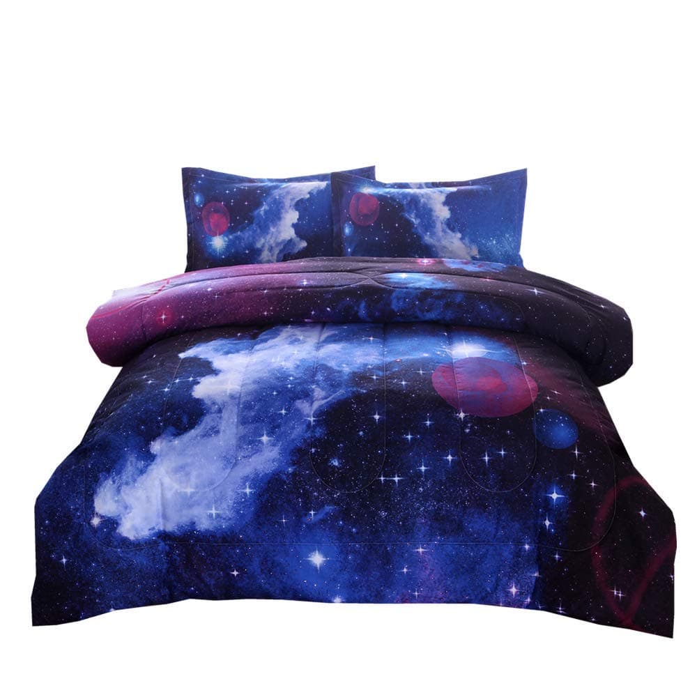 PomCo Galaxy Comforter Full (79x90 Inch), 3Pcs(1 Galaxy Comforter & 2 Pillowcases) 3D Space Outer Sky Microfiber Bedding Set, Universe Cloud Galaxy Comforter Set for Boy Girl Teen Kid Adult