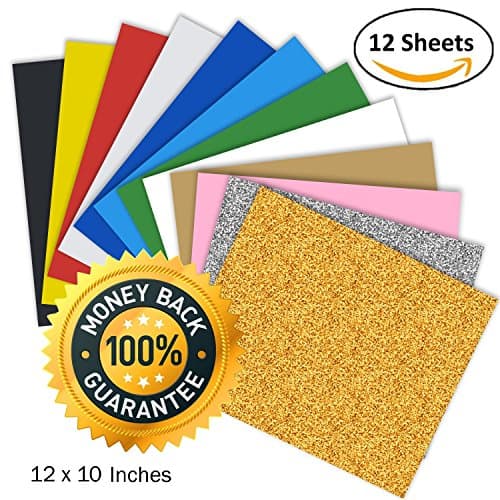 Heat Transfer Vinyl HTV, Unop 12 sheets 12’’x10’’ Assorted Colors Heat Transfer Bundle DIY T-Shirt/Hat/Bag for Silhouette Cameo/Cricut/Heat Machine Tool/Other Craft Cutters
