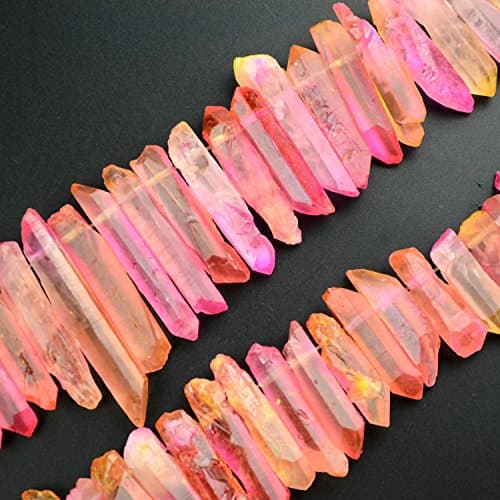 Aura Quartz Crystal Points Raw Rough Rock Quartz Clear Beads Aqua Crystal Titanium Coated Red 15 inch Strand