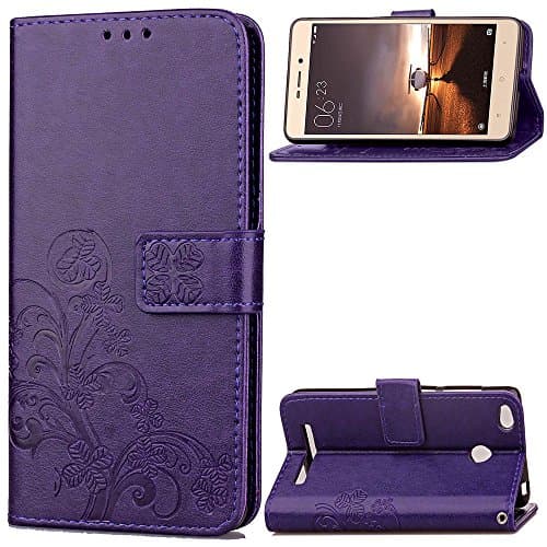Redmi 3 Case, Redmi 3S Case, Redmi 3 Pro Case, KAIDON [Embossing Leaved Clover] Flip Wallet Cover Case with Card Slot and Wrist Strap for Xiaomi Redmi 3/Redmi 3S/Redmi 3 Pro (Purple)