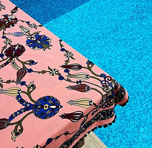 Square Pink Iznik Tile Patterned Turkish Cotton Tablecloth with Khaki Pom-Poms