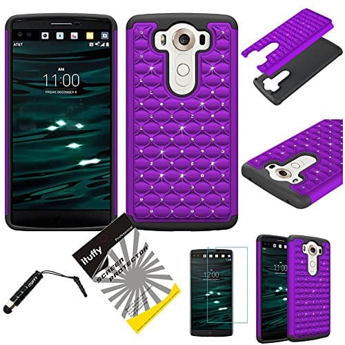 For LG V10 / ITUFFY 3items Combo: Stylus Pen + LCD Screen Protector Film + Diamond Dazzle Rubberized Hard Plastic + Soft Rubber TPU Skin Dual Layer Tough Hybrid Case (Dazzle Purple)