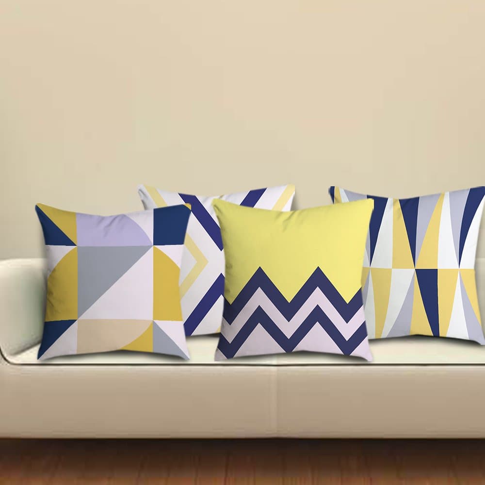 popeven Blue Yellow Decorative Throw Pillow Case Set of 4 18x18" Geometric Design Throw Pillows for Couch