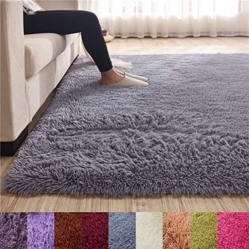Tatami Solid Color Rectangle Fluffy Shaggy Floor Mat, Thicken Carpet Floor Mat Home Living Bedside Kids Crawling Area Rug Grey 63"x91"