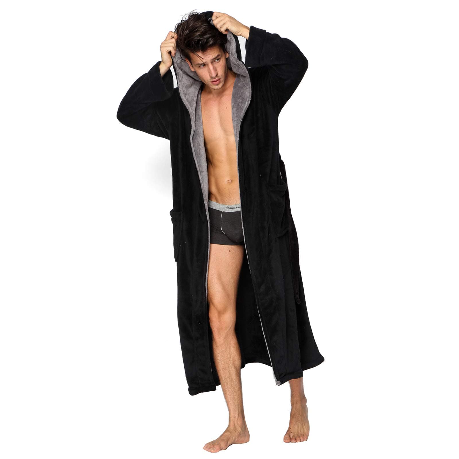Hooded Herringbone Men's Black Soft Spa Full Length Warm Bathrobe With Grey Kimono Shawl Collar