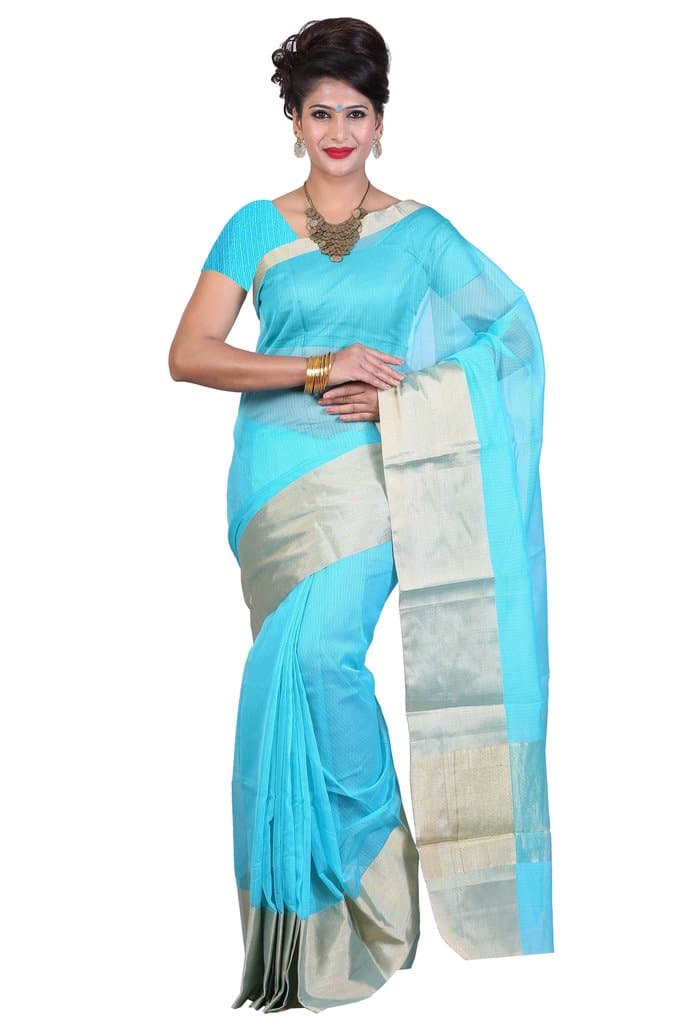 Womantra Kota Doria Light Blue Cotton Saree