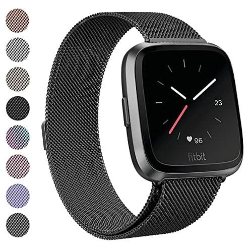 Deyo Fitbit Versa Bands for Women Men Large Small,Stainless Steel Milanese Loop Metal Replacement Bracelet Band with Magnetic Closure Accessories Wristbands for Fitbit Smartwatch (Black, L)