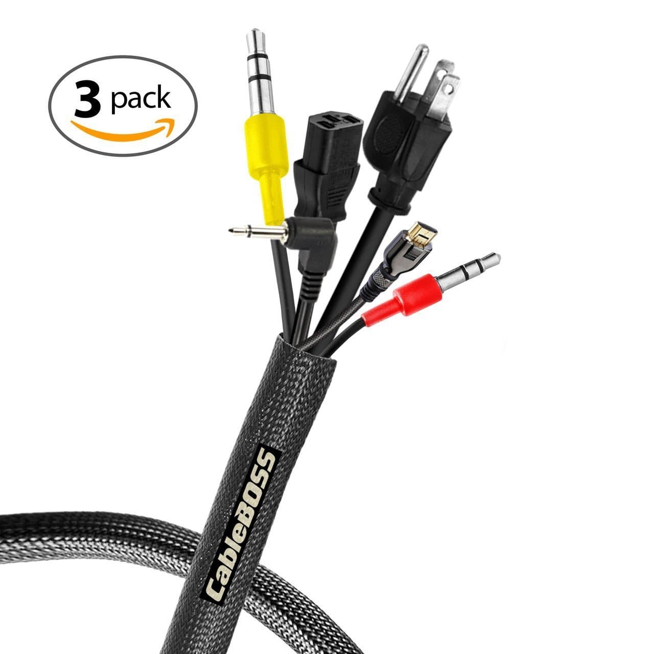 SALE ENDS 1/31! - CableBoss PREMIUM Cable Management Sleeve - Wrap, Organize, Protect Cords - Adjustable 20" Black - Flexible - Velcro Cord Organizer - 3 PACK