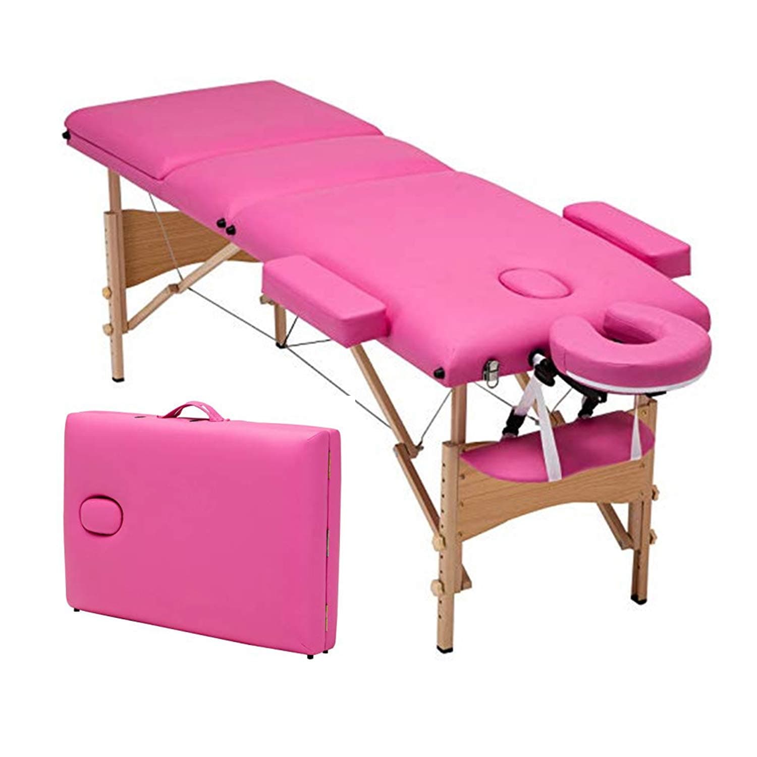Folding Massage Table 84'' Professional Portable 3 Fold Facial Massage Bed Salon Spa Bed Adjustable PU Leather Fold with Free Carry Case Salon with Backrest Pink