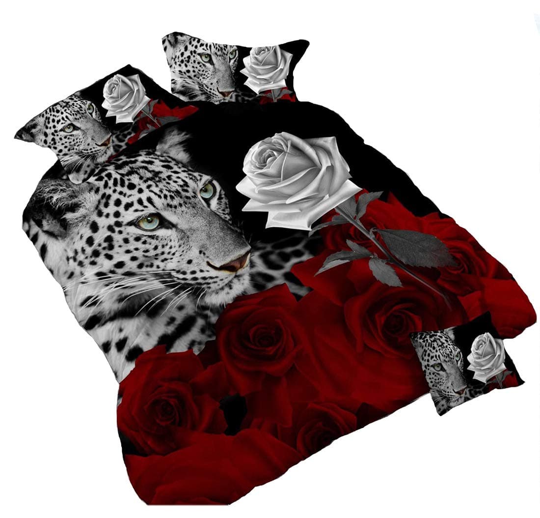 HOHAI 3D Leopard White and Red Rose Bedding Set Floral Prints 4Piece Duvet Cover Double Size Comforter Cover Set