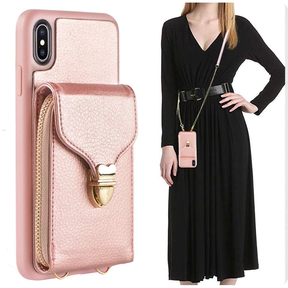 iPhone Xs Wallet Case, JLFCH iPhone Xs Zipper Leather Case with Card Slot Holder Closure Buckle iPhone Xs Crossbody Purse Handbag Wrist Strap Back Cover for Apple iPhone Xs/X 5.8 inch - Rose Gold