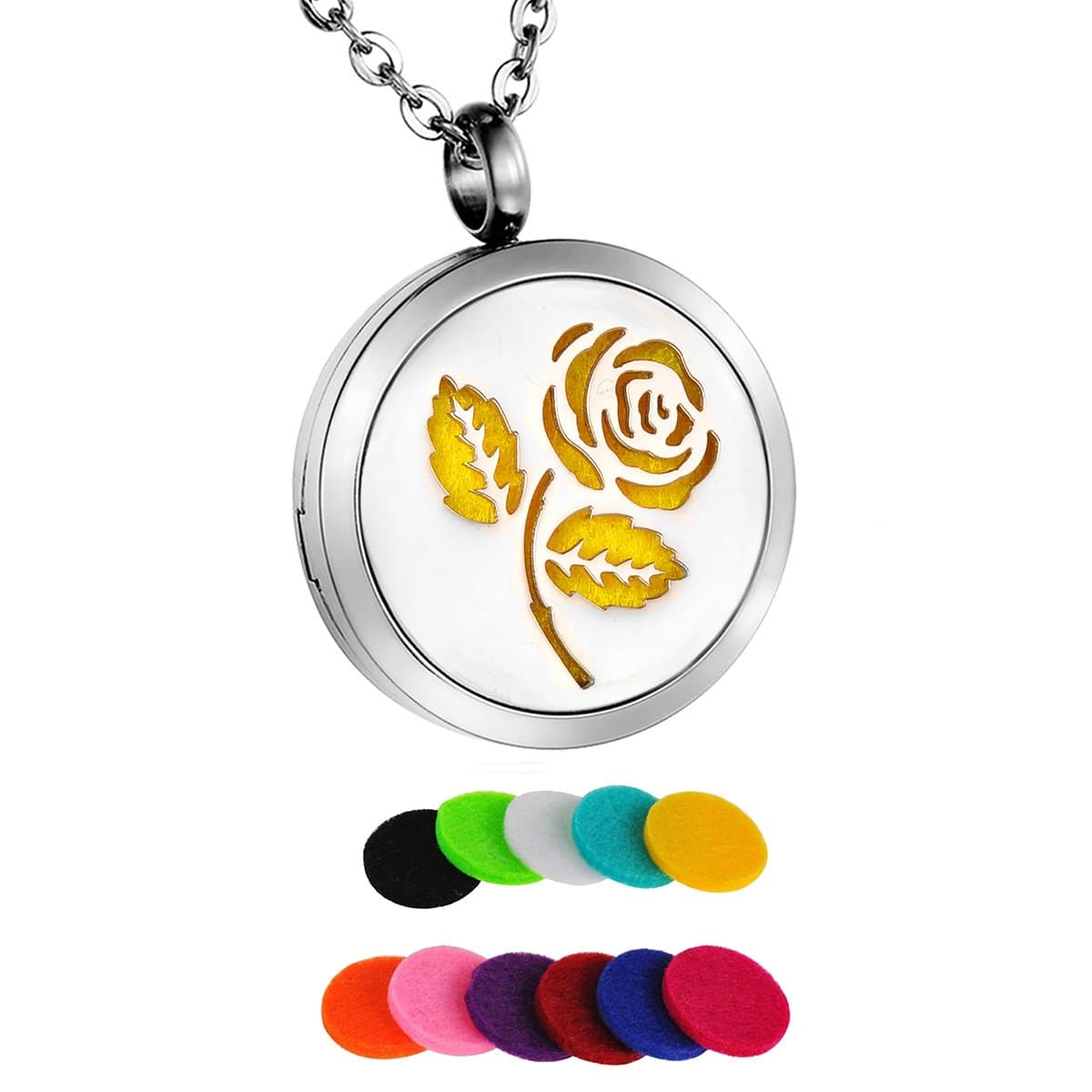Aromatherapy Essential Oil Diffuser Necklace Stainless Steel Perfume Locket Pendant with 12 Refill Pads