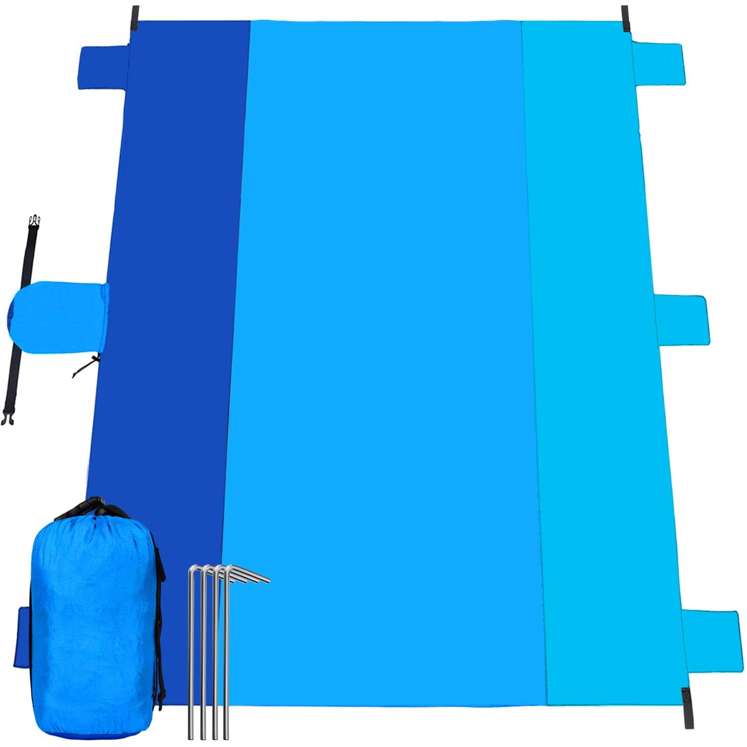 EsupBeach Blanket Sand Proof Oversized Waterproof 10'x 9' Beach Mat for 7 Adults, Very Soft & Lightweight 210T Nylon, Best Picnics Blanket Mat for Travel (Blue/Sky Blue/Dark Blue)