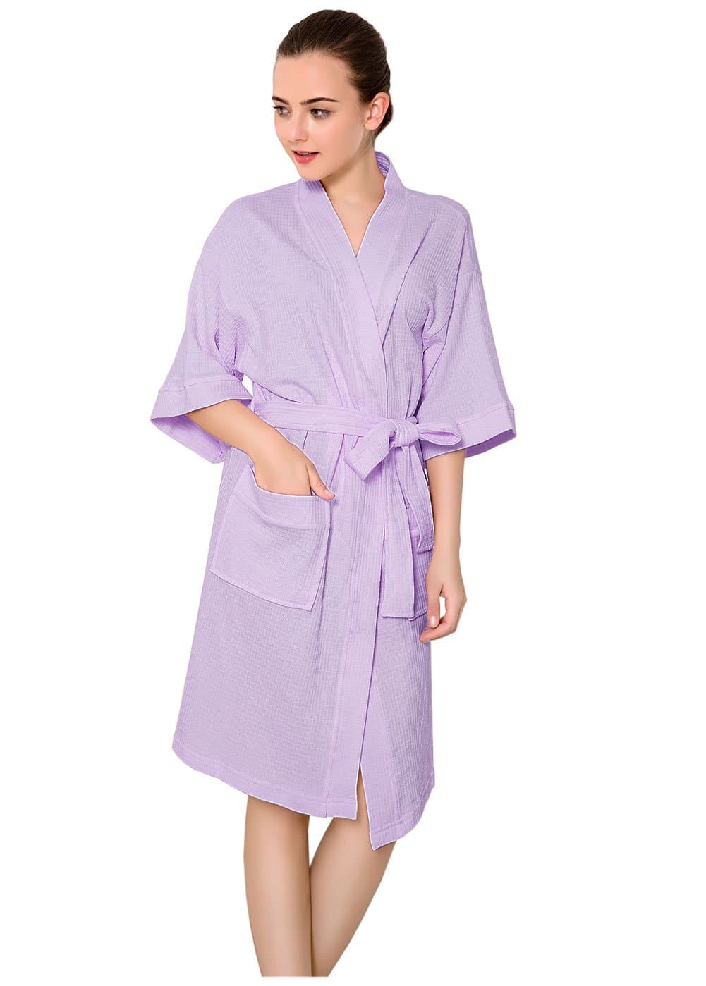 Women's Kimono Bathrobe Waffle Hotel Spa Robe Lightweight Knee-Length Cotton Nightgowns Sleepwear