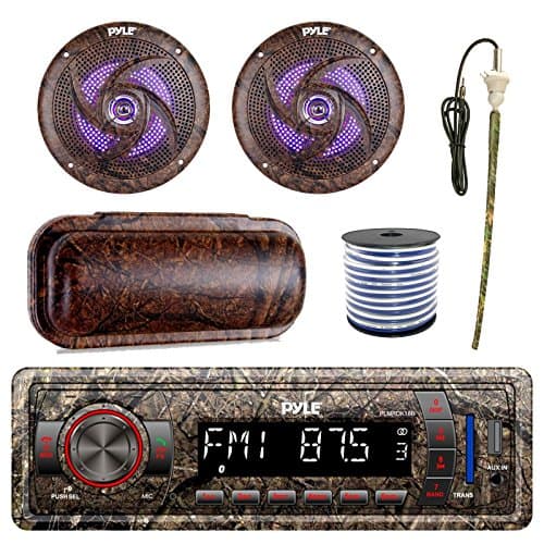 Pyle Marine Single-DIN Bluetooth MP3 USB AUX Camo AM/FM Radio, Pyle 6.5" Waterproof Camo 240 Watt LED Speakers (Pair), Stereo Shield Cover, Enrock Camouflage Boat Antenna, 18-G 50 Ft Wire