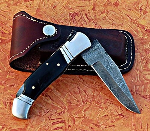 100% Prime Quality Custom Made Black Horn Handle Damascus Steel Folding Pocket Knife W/Case