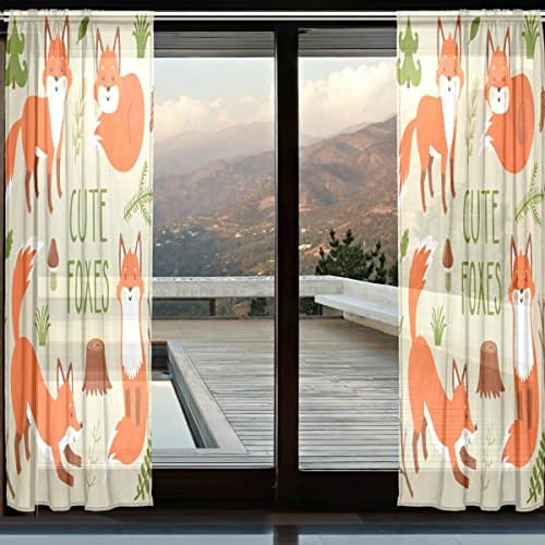 Mock ST Cute Fox Forest Fern Leaves Tree Pinecone Nut Sheer Curtain Window Curtain Home Décor for Living Room Bedroom Two Panels 110 x 55 inches Design by
