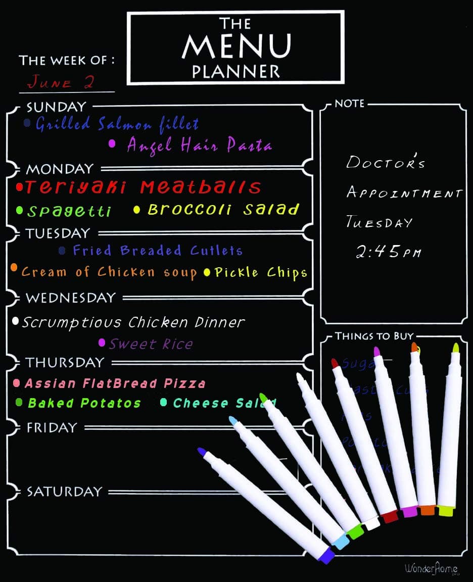 Magnetic Refrigerator Dry Erase Chore Blackboard - Weekly Menu Meal Planner - Note Area for Shopping List - Fitness Diabetic Meal Prep Planning One Calendar Week-13" X 16" Includes 8 Markers