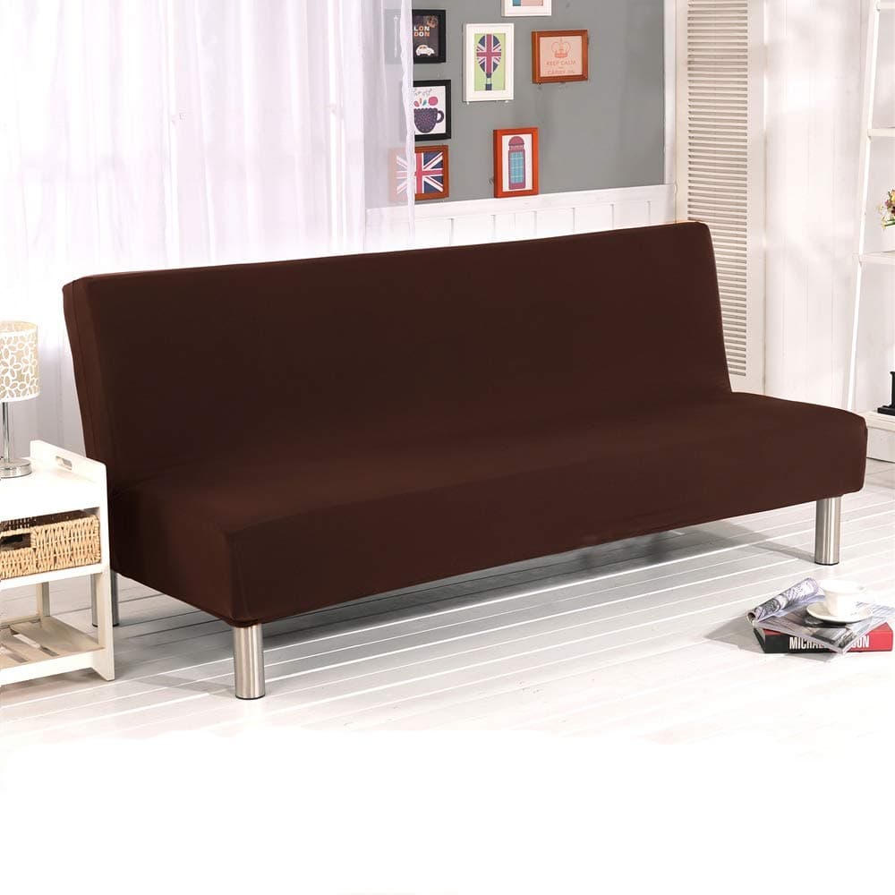 Armless Sofa Slipcover,Hengweiuk Solid Colour 3 Seater Sofa Bed Covers Modern Stretch Polyester Spandex Futon Slipcover Protector Folding Couch Sofa Shield Futon Cover (Coffee)