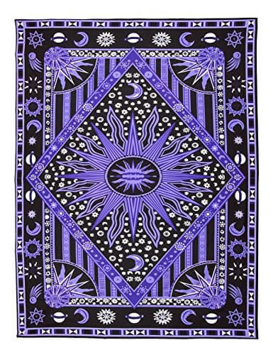 FLY SPRAY Large Tapestry Psychedelic Burning Sun Moon Stars Universe Tie Dye Hippy Wall Hanging Polyester Durable Non-fading Indian Coverlet Blanket Curtain Decor Purple