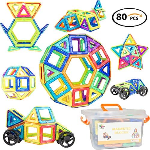Magnetic Blocks - 80 PCS ALL with Magnets + Car Wheels + Plastic Storage Box - Strong Magnet - Large Building Block Set - STEM Learning Resources - 3D Color Toys - Best For Toddlers, Kids, Boys, Girls