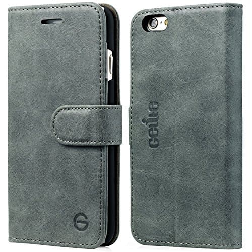 iPhone 6S Case, GELITE Genuine Leather Wallet Case, 4.7 Inch, Slim Flip Book Cases with ID Credit Card Slots and Kickstand, Magnetic Closure Cases for iPhone 6 / iPhone 6S, Greyish-green