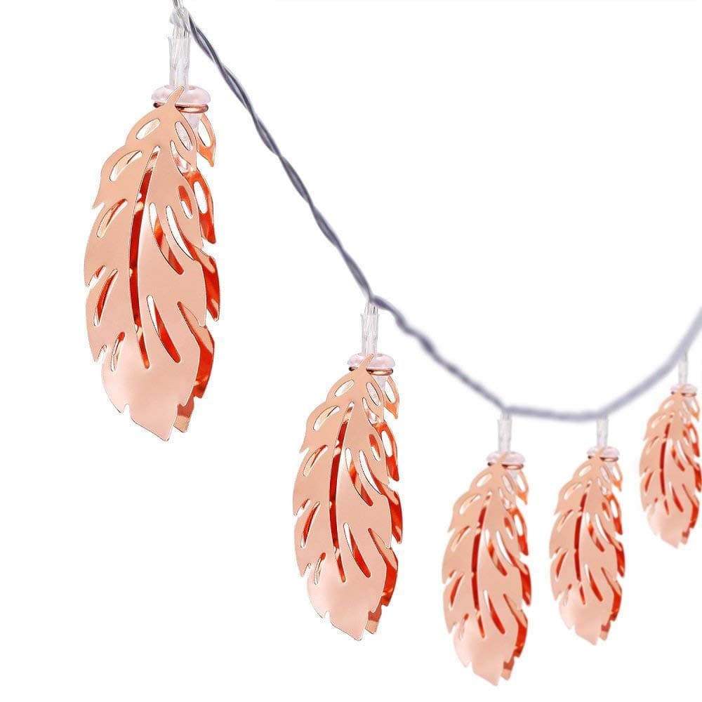 Rose Gold Feather Shaped Copper Metal LED String Lights Battery Powered Fairy String Lights for Indoor Bedroom Wedding Party Decor Warm White (1.5M 10LED)