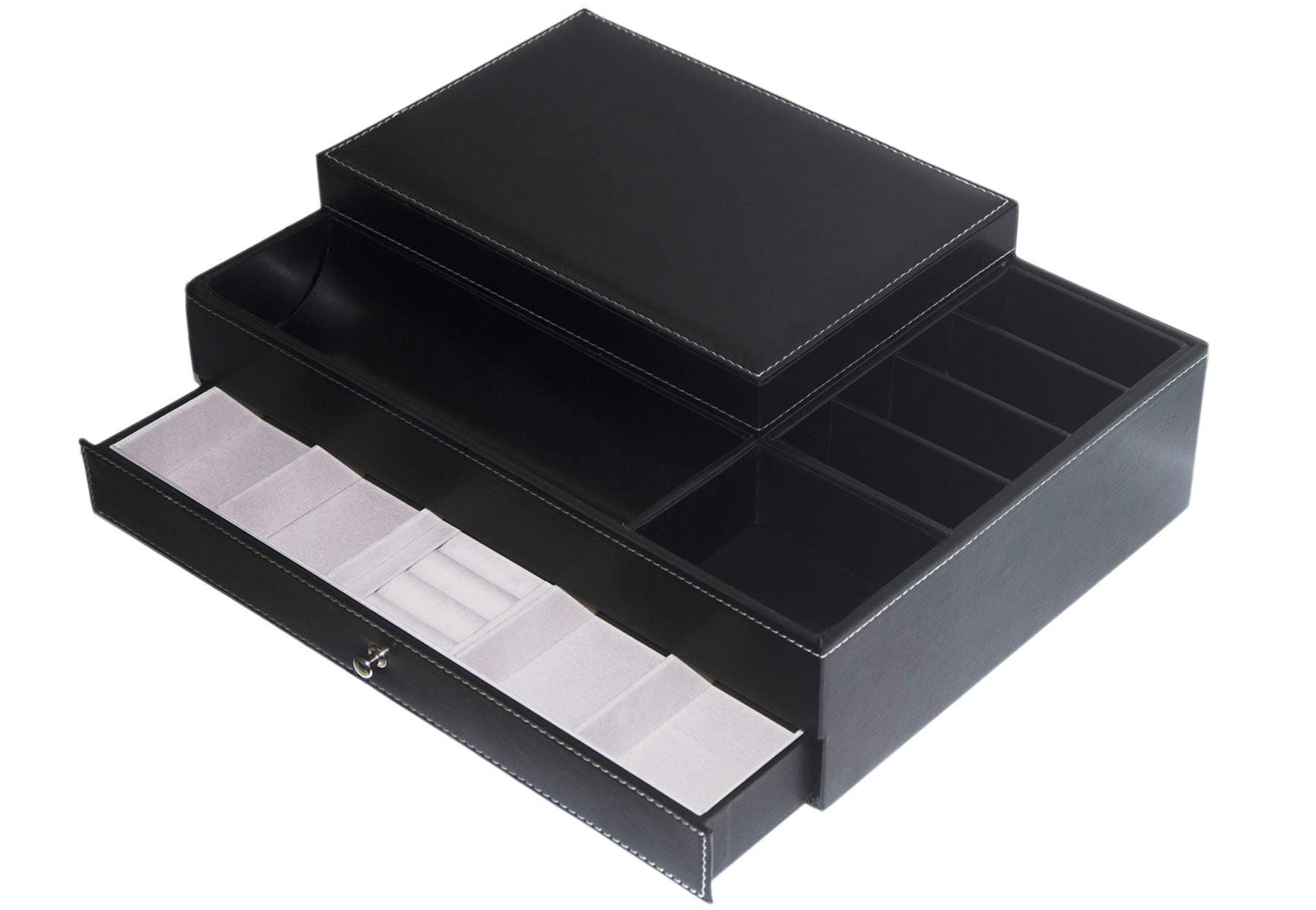 Feibrand PU Leather Jewellery Box Organizer Display Drawer Storage Case Black for Rings Glasses Necklace