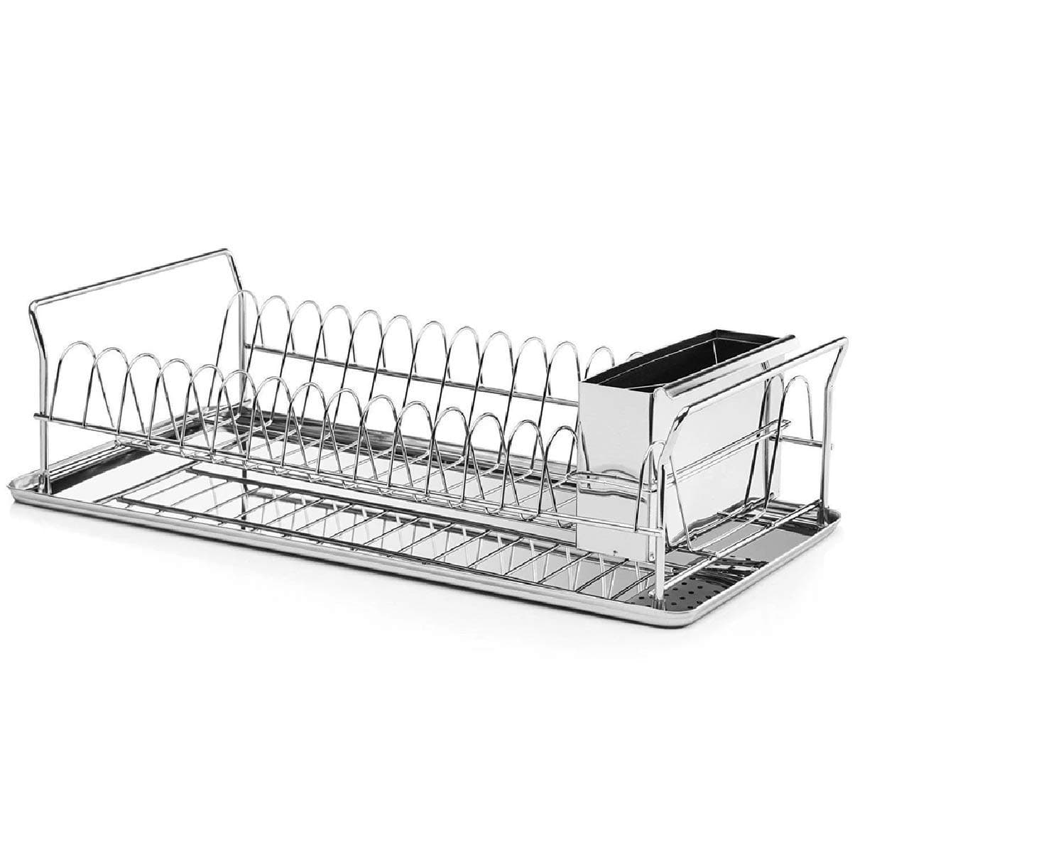 Over Sink Durable Modern Design Stainless Steel Kitchen Dish Drainer Rustproof Heavy Duty On Counter Glasses, Bowls, Dishes Drying Rack-Compartment for Silverware, Cutlery Holder and Plastic Drip Tray