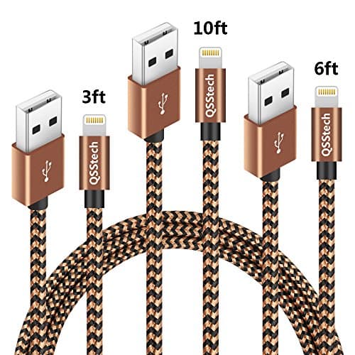 QSStech iphone Charger 3PCS 3FT 6FT 10FT Nylon Braided Lightning USB Cable Cord Charger Compatible with iPhone 7 7 Plus 6 6s 6 plus, iPhone 5 5s,iPad (Coffee+Black)