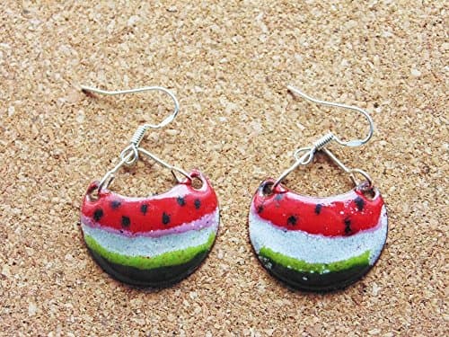 Watermelon Enamel copper Earrings Handmade Sterling Silver hooks Inspired by tropical fruits of Costa Rica Length of earrings 3.7 cm