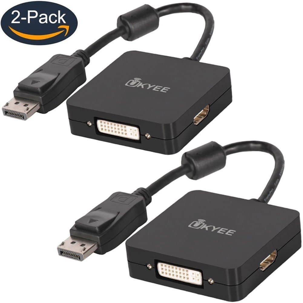 Display Port to HDMI VGA DVI 3-in-1 Display Port Adapter Converter 2-Pack 1080P, UKYEE DP Display Port Adapter to DVI-D VGA HDMI Adapter Male to Female - Black