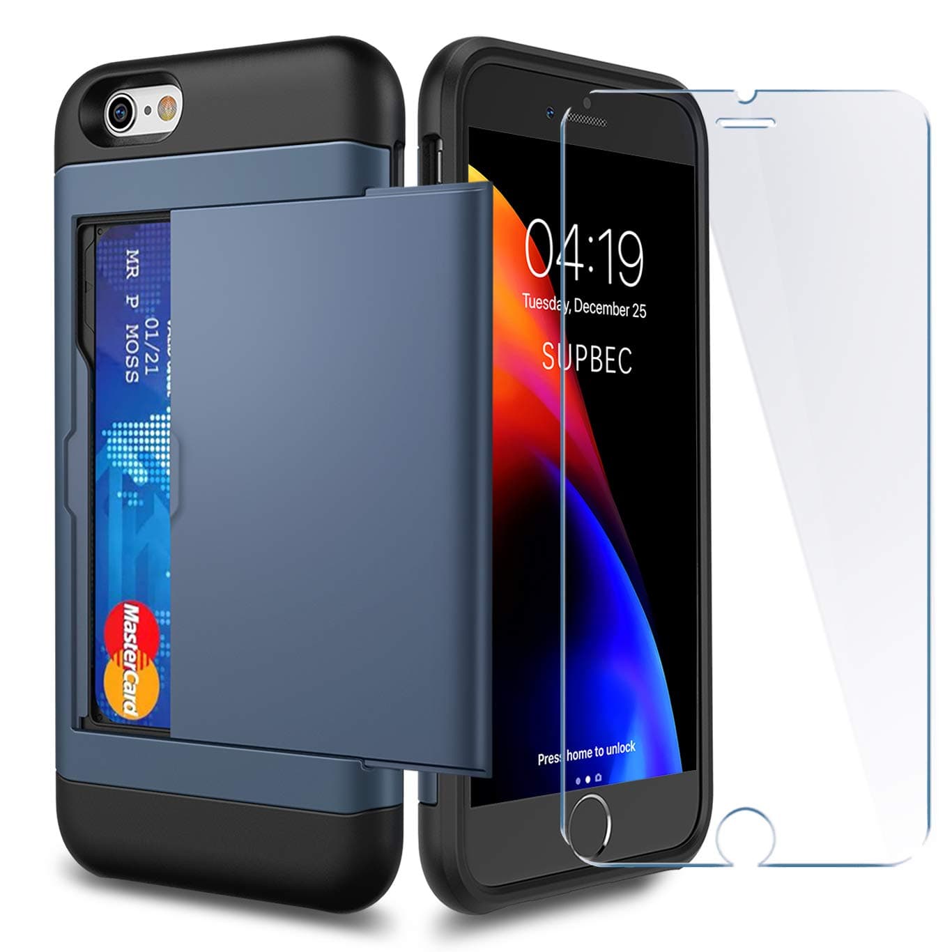 iPhone 6 / 6s Case with Card Holder and[ Screen Protector Tempered Glass x2Pack] SUPBEC i Phone 6/6s Wallet Case Cover with Shockproof Silicone TPU + Anti-Scratch Hard PC - Full Protective (Navy Blue)