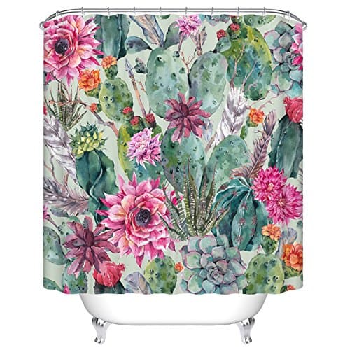 Ormis Cactus and Flower Mildew Resistant Polyester Fabric Shower Curtain Set With Hooks Bathroom Accessories 72"(w) x 72"(h)