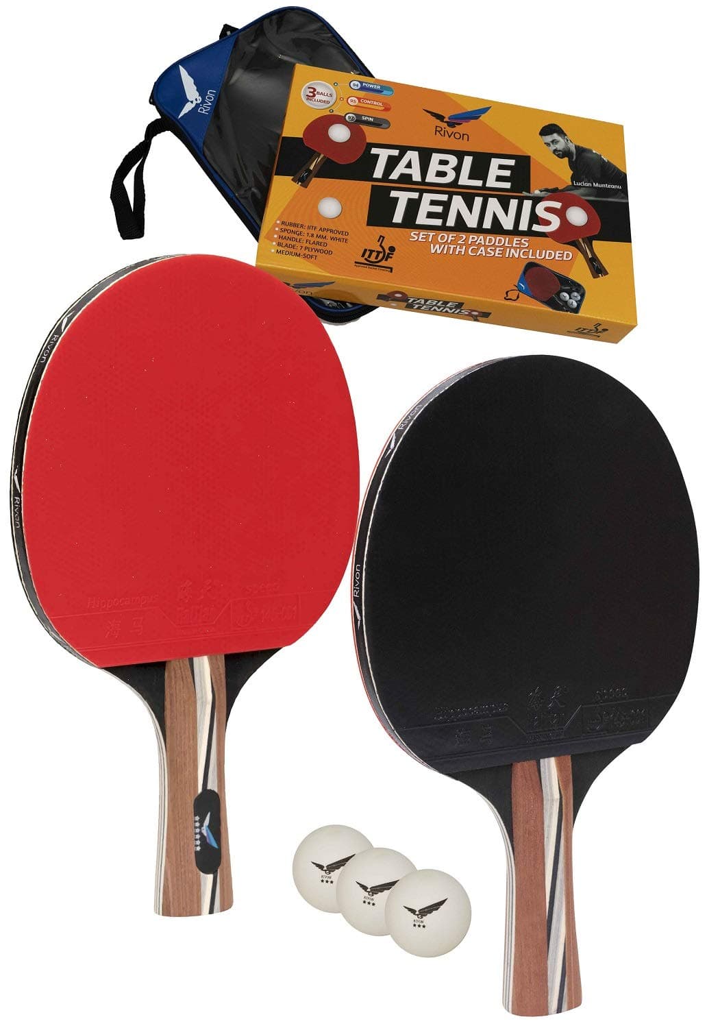 Rivon Table Tennis Paddle - Ping Pong Racket Set - 2 Paddles with 3 Balls and Travel Case - ITTF Approved or Semi-pro Rubber - Endorsed by Celebrity Player