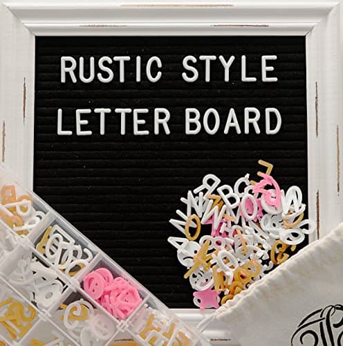 Letter Board - Rustic White Wood Vintage Frame, Black Felt 10x10 Inch Antique Changeable Message Board, Sorting Tray, 525 Precut White, Gold, Pink Letters, Numbers, Emojis, Stand, Cotton Bag JL Brands