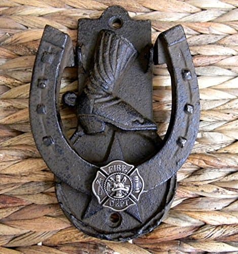 Firefighter Cast Iron Horseshoe Door Knocker, Fireman Lucky Star, Front Door Rustic Decor