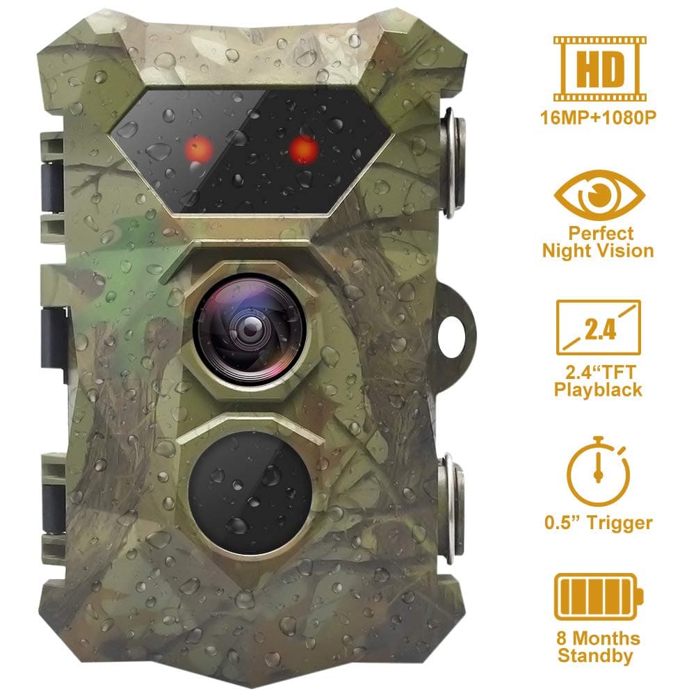 Trail Game Camera, 1080P 16MP Wildlife Camera Motion Activated Night Vision IP66 Waterproof Cam for Hunting, Home Security, Backyard Monitoring, Scouting