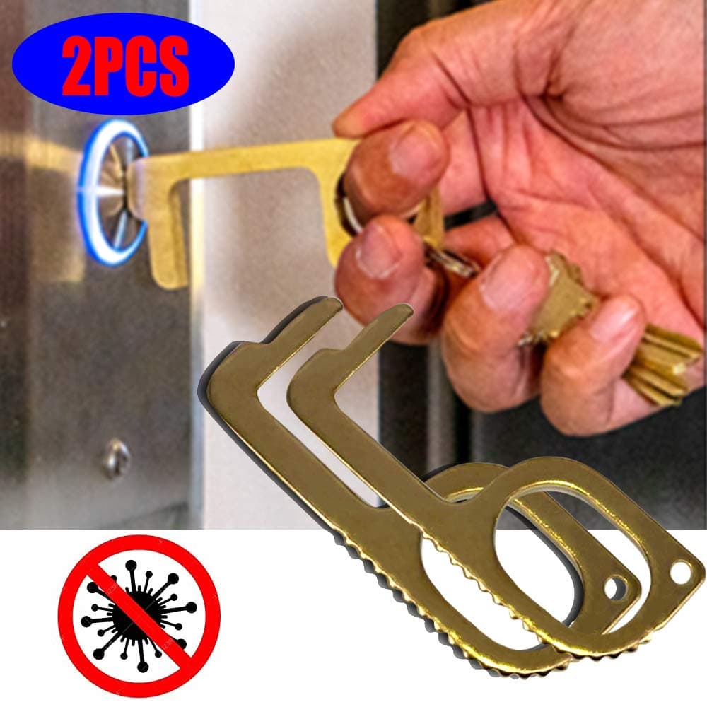 2 Pcs Handheld Brass EDC Keychain Tool Non-Contact Door Opener Hook & Stylus Tool