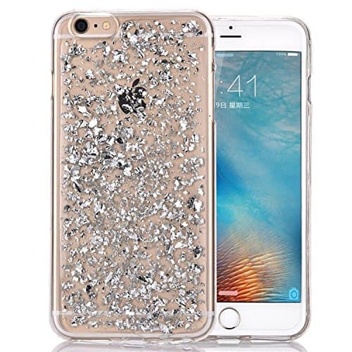 iPhone 6 Case, Luxury Bling Glitter Sparkle [Gold Foil Embedded] Transparent Flexible Soft Rubber Gel TPU Protective Shell Hybrid Bumper Cover FOR 6S 6G 4.7" + Glas Tempered (iPhone 6 6s, Silver)