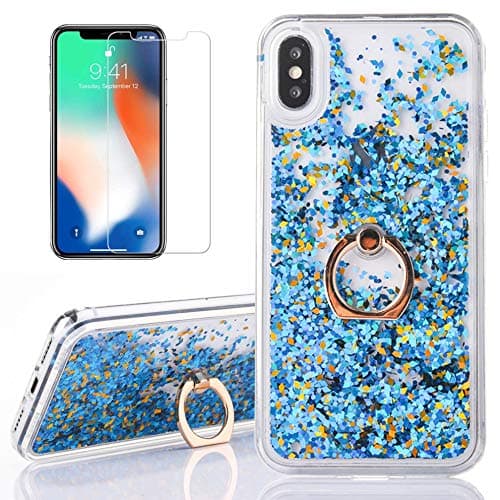 for iPhone X/XS Glitter Case with Ring Holder,QFFUN Bling Floating Liquid Clear Silicone Hard Case with 360 Degree Rotating Kickstand Shockproof Protective Cover and Screen Protector-Diamond Blue