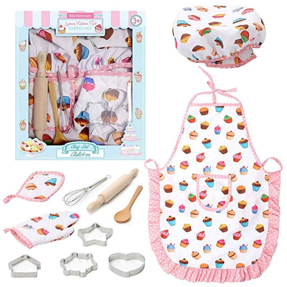 Globents Kids Cooking and Baking Set-11 Pcs Includes Apron for Little Girls, Chef Hat, Mitt & Utensil for Toddler Dress Up Chef Costume Career Role
