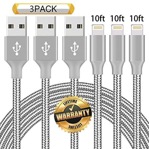 GUIGUI iPhone Cable 3Pack 10FT, Extra Long Nylon Braided Charging Cord Lightning Cable to USB Charger for iPhone X, 8, 7, 7 Plus, 6S, 6, SE, 5S, 5, iPad, iPod Nano 7 (Grey)