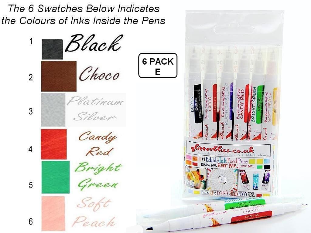 6 Pack A - in A Clear Handy Plastic Pouch - Food Colouring Pens Double Sided- 2.5mm Thick Nib & 0.5mm Fine Nib (6 Pack A)